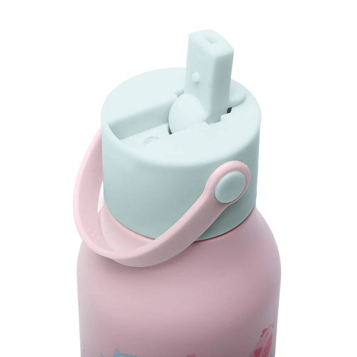 A close-up of a pink water bottle with a mint green cap with built-in straw and a pink carrying loop, shown on a white background.