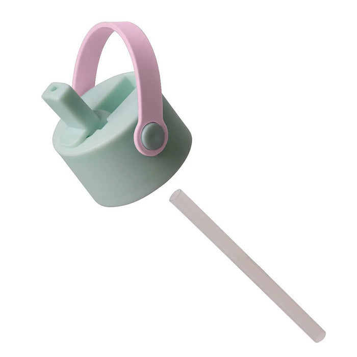 A pastel-colored water bottle lid with a mint green body, a pink carrying loop handle, and a separate translucent straw, shown on a solid white background.