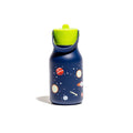 A navy blue water bottle with a space-themed print of planets, stars, and rockets, featuring a bright lime green lid and carrying handle, front view, set against a plain white background.