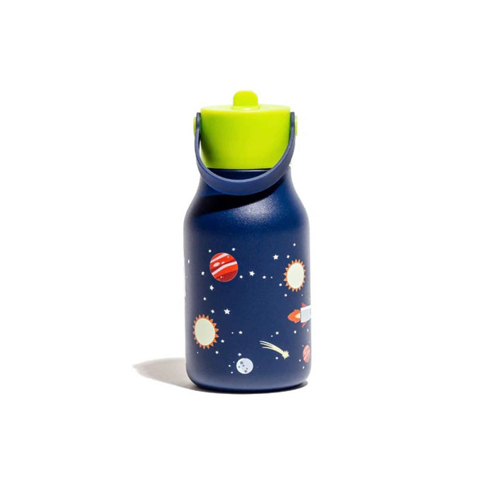 A navy blue water bottle with a space-themed print of planets, stars, and rockets, featuring a bright lime green lid and carrying handle, front view, set against a plain white background.