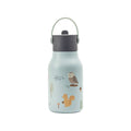 A light blue insulated water bottle with a dark gray lid and carrying loop, decorated with cute illustrations of an owl, a squirrel, and small trees, front view on a plain white background.