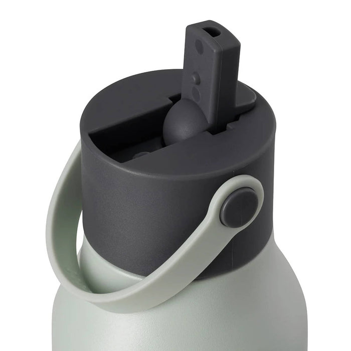 Close-up of a water bottle lid with a dark gray flip-top spout and a light blue carrying loop on a white background.