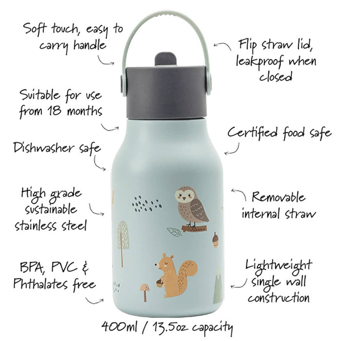 A 400ml insulated water bottle with a light blue body, gray lid, and cute owl and squirrel illustrations. The image features hand-drawn text callouts highlighting product features like dishwasher safe, leakproof flip straw lid, and 13.5 ounce capacity.