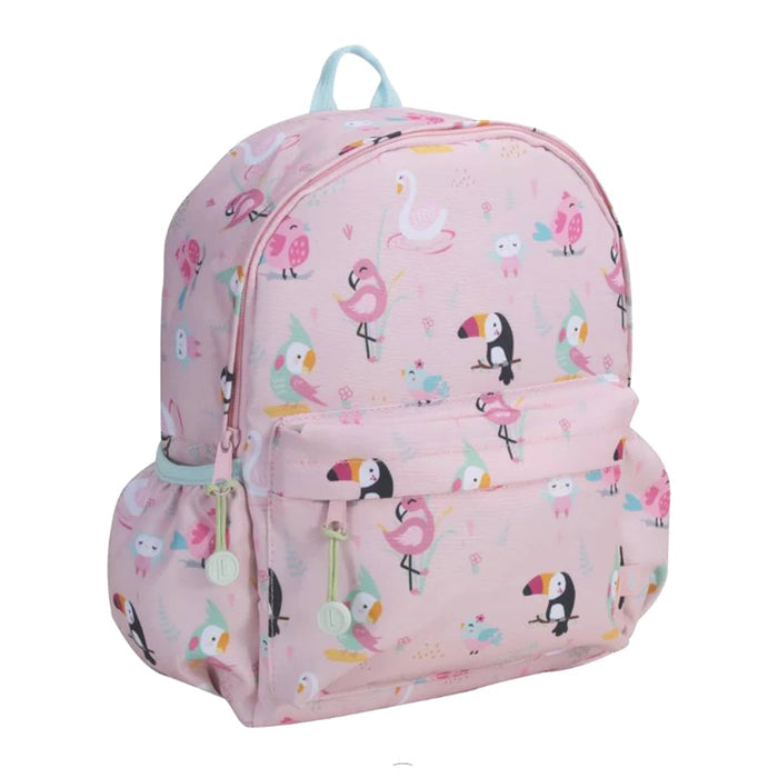 A pink backpack with colorful cartoon birds including a toucan and flamingo, featuring a top handle, front zippered pocket, and exterior side pockets, front angle view, shown on a plain white background.