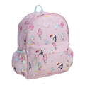 A pink backpack with colorful cartoon birds including a toucan and flamingo, featuring a top handle, front zippered pocket, and exterior side pockets, front angle view, shown on a plain white background.