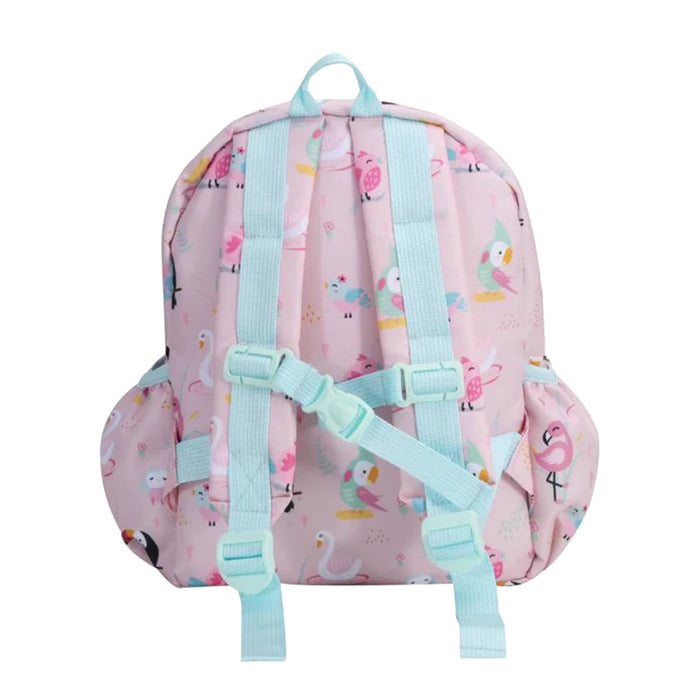 A pink backpack with colorful cartoon birds including a toucan and flamingo, featuring a light blue top handle and straps, back view, shown on a plain white background.