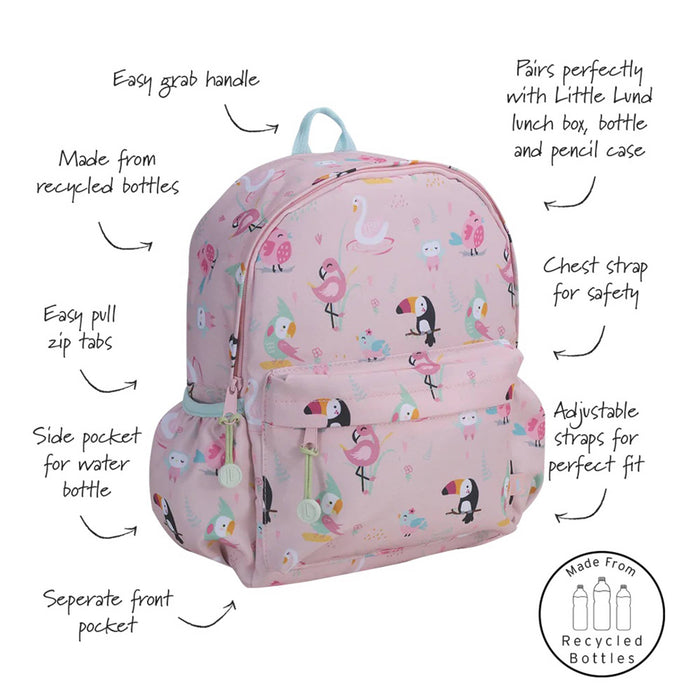 A pink backpack with colorful cartoon birds including a toucan and flamingo, 
shown with hand-drawn callout lines and text describing its features, on a white background.