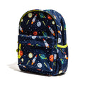 A navy blue backpack with a colorful space-themed print featuring rockets, planets, stars, and moons, with bright neon yellow-green zipper pulls, shown on a white background.
