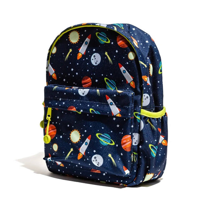 A navy blue backpack with a colorful space-themed print featuring rockets, planets, stars, and moons, with bright neon yellow-green zipper pulls, shown on a white background.