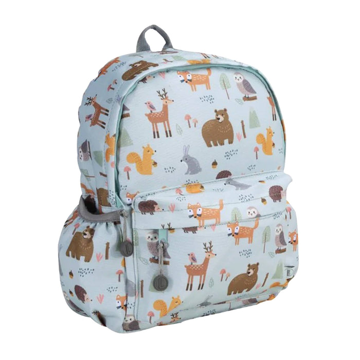 A light blue backpack with a woodland animal print featuring deer, bears, squirrels, and rabbits, front angle view shown on a plain white background.