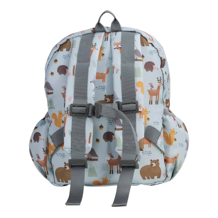 A light blue backpack with a woodland animal print featuring deer, bears, squirrels, and rabbits, back view with gray straps shown on a plain white background.