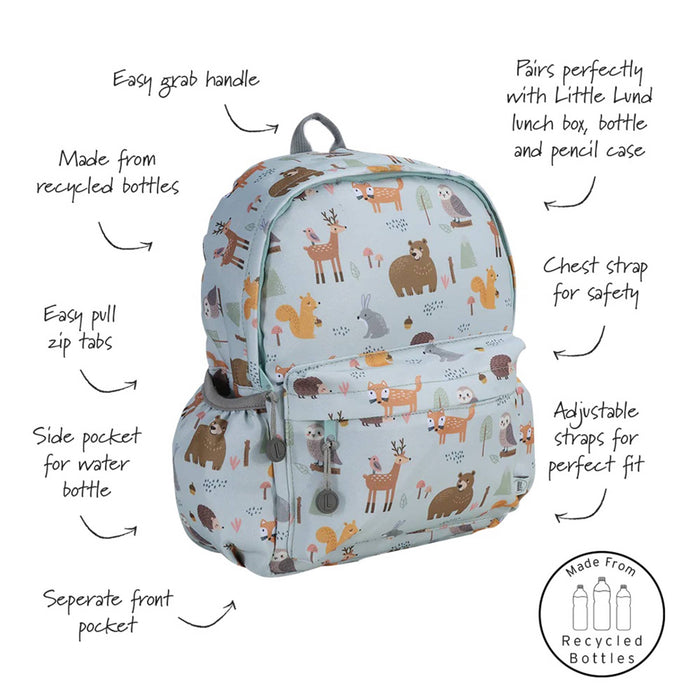 A light blue backpack with a woodland animal print, shown with hand-drawn callouts and arrows pointing to features like the easy grab handle, water bottle pocket, and adjustable straps. A circular logo at the bottom right says 'Made From Recycled Bottles'.