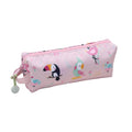 A pink fabric pencil case with a colorful toucan and bird pattern, featuring a top zipper, carrying loop, and silicone zipper pull on a plain white background.