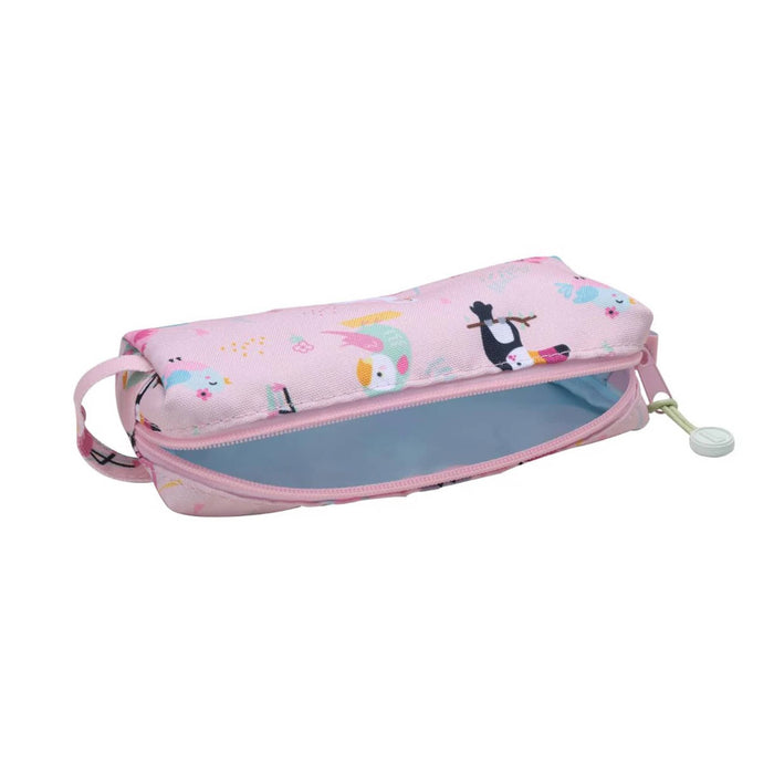 A pink fabric pencil case with a colorful toucan and bird pattern, featuring a top zipper that's open to show the light blue interior lining, on a plain white background.