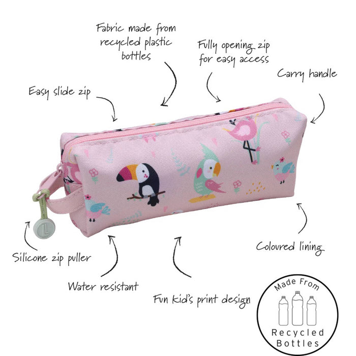 A pink fabric pencil case with a colorful bird print, shown with callout arrows and text explaining its features, including recycled plastic bottle fabric, sliding zip, carrying handle, and water-resistant coating.