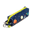 A navy blue pencil case with a space-themed print featuring planets, stars, and a rocket ship, accented with a bright yellow zipper and a matching yellow silicone zipper pull.