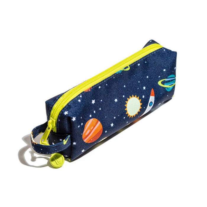 A navy blue pencil case with a space-themed print featuring planets, stars, and a rocket ship, accented with a bright yellow zipper and a matching yellow silicone zipper pull.