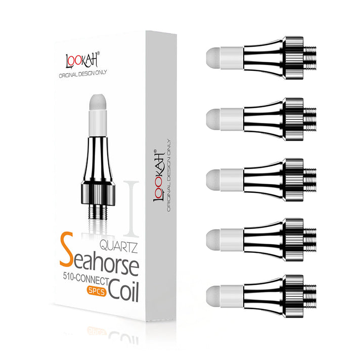 Lookah quartz seahorse coils packaging with coils displayed on a white background
