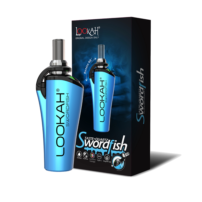 Blue Lookah Swordfish dab pen with packaging on a white background