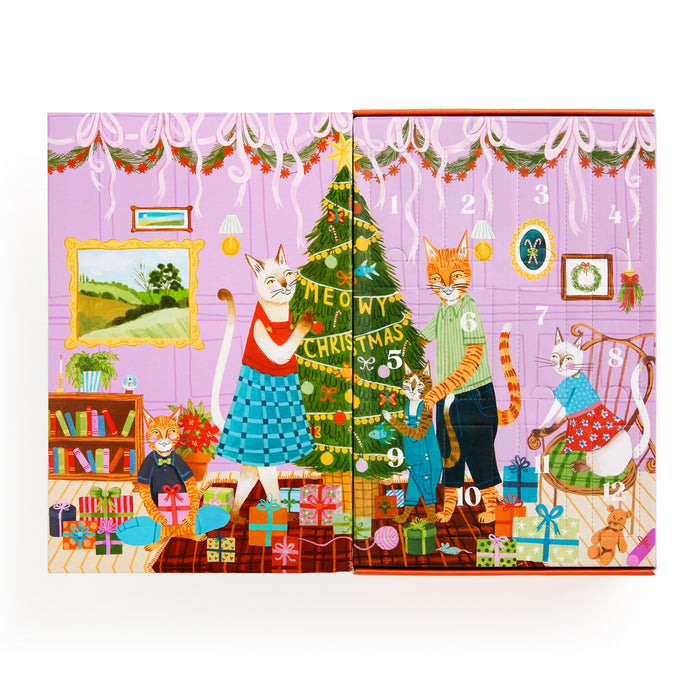 Celebrate with the Joanna Letz Meowy Christmas 12 Days of Puzzles 500 Piece Countdown—four playful cats decorate a tree in a festive living room, numbered doors hint at an Advent calendar amid presents for extra holiday fun.