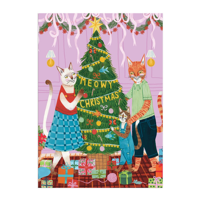 Three cats in festive outfits decorate a tree with a Meowy Christmas banner in this charming illustration. The Meowy Christmas Greeting Card Puzzle by Joanna Clay makes a perfect holiday gift for cat lovers.