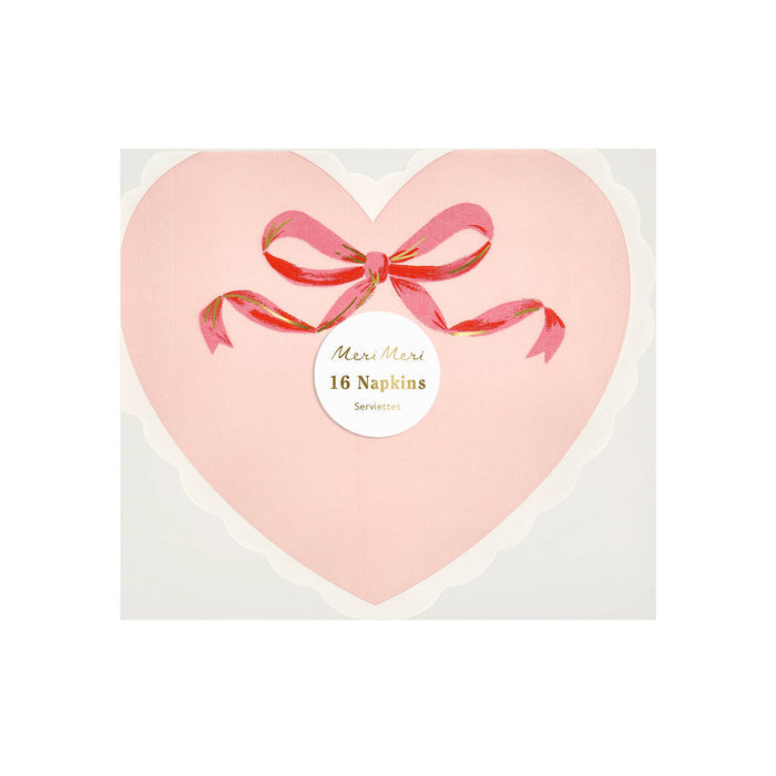 Heart-shaped pink napkins with a red ribbon, in packaging, on a white background.