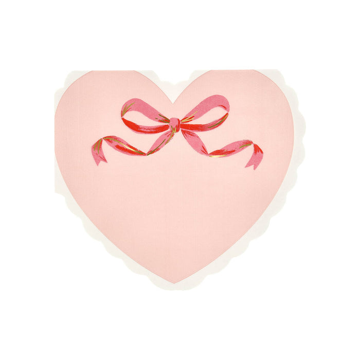 Heart-shaped pink napkins with a white scalloped border and a painterly bow design, on a white background.