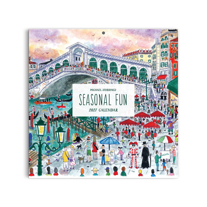 The Michael Storrings 12 x 12 Wall Calendar 2027 by Michael Storrings features a colorful cover with a lively crowd, street performers, umbrellas, and the Rialto Bridge set among vibrant buildings by a canal.