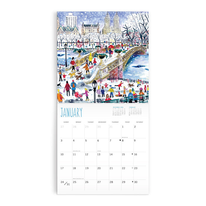 The Michael Storrings 12 x 12 Wall Calendar 2027 features a January page with people ice skating and walking in a snowy park, city buildings, and a bridge in the background. The calendar grid appears below the artwork.
