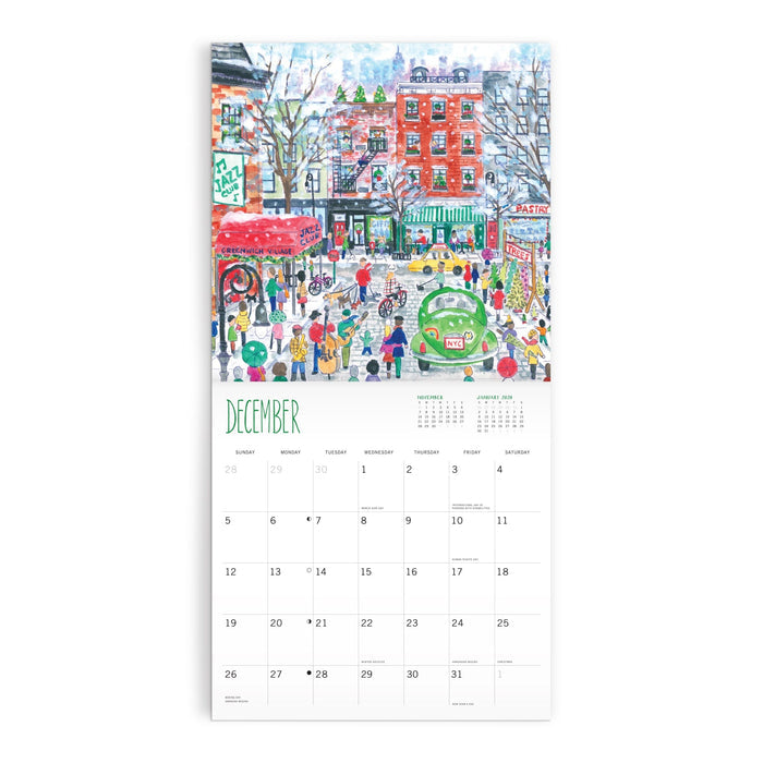 The Michael Storrings 12 x 12 Wall Calendar 2027 features a festive December city street illustration with people, shops, decorations, and a green car above a dated calendar grid for the month. Brand: Michael Storrings.