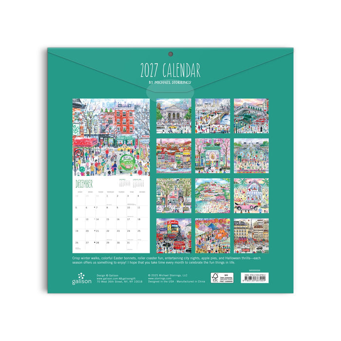The image displays the back cover of the Michael Storrings 12 x 12 Wall Calendar 2027, showing vibrant monthly illustrations by Michael Storrings. December's page is enlarged on the left, and all twelve artworks are arranged in a grid on the right.