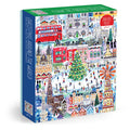 The Michael Storrings Christmas Around the World 1500 Piece Puzzle features a festive city scene with a tree, skaters, buildings, bakery, red double-decker bus, and snow. Box reads "Christmas Around the World.