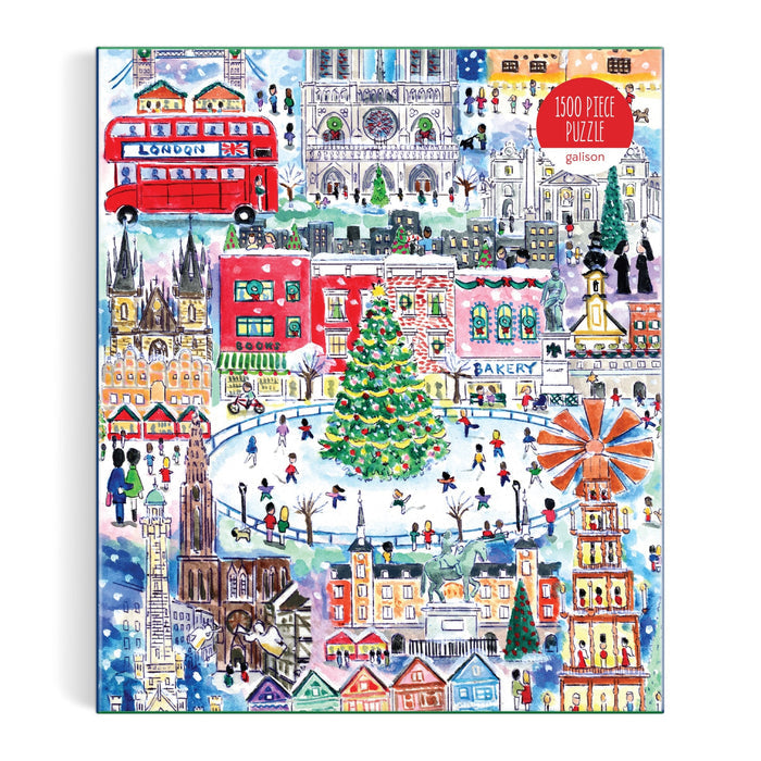 The Michael Storrings Christmas Around the World 1500 Piece Puzzle features a colorful festive city scene with a decorated tree, London bus, ice skaters, bakery, windmill, and historic buildings. Brand: Michael Storrings.