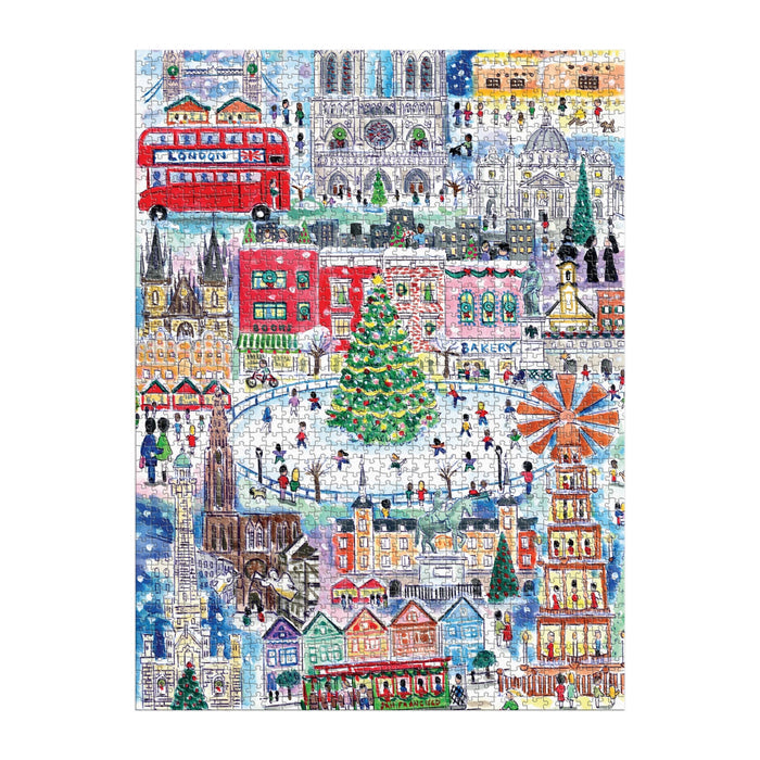 Enjoy assembling the Michael Storrings Christmas Around the World 1500 Piece Puzzle, featuring a festive city scene with people ice skating around a grand Christmas tree, decorated buildings, a red double-decker bus, and snowy streets.