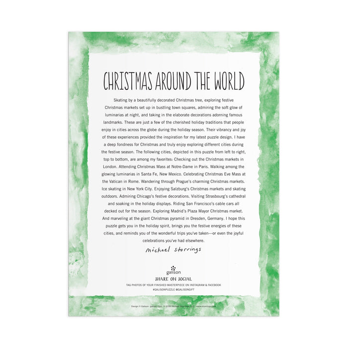 A white page with a green watercolor border displays the title "Michael Storrings Christmas Around the World 1500 Piece Puzzle" by Michael Storrings, with text about global Christmas traditions, ending with a signature and social media icons.