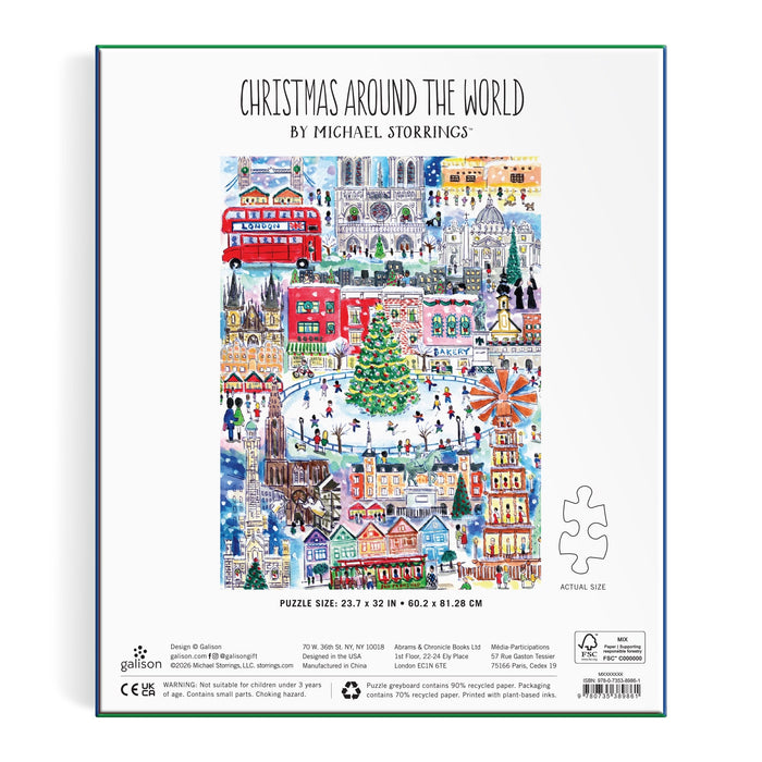The image shows the back of the Michael Storrings Christmas Around the World 1500 Piece Puzzle box, featuring festive scenes, decorations, and landmarks from various countries in a colorful illustration.