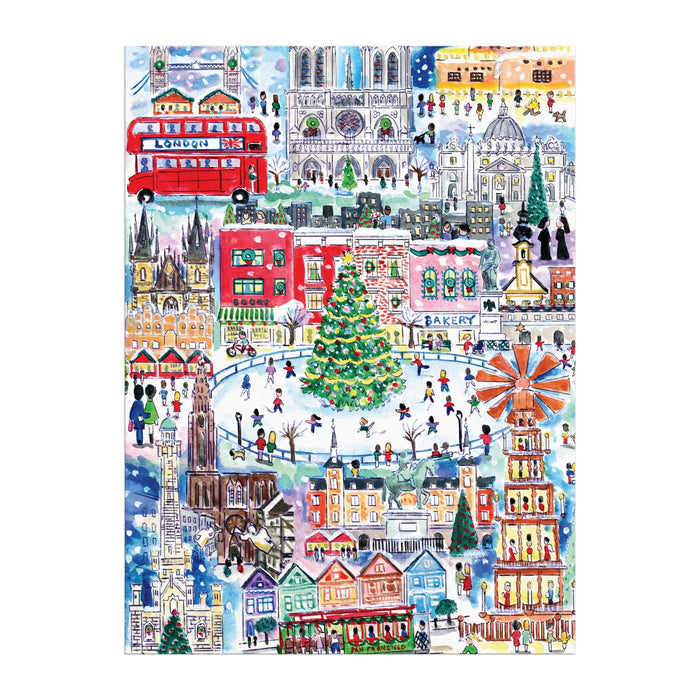 The Michael Storrings Christmas Around the World 1500 Piece Puzzle features a festive city scene with a large Christmas tree, people, historic buildings, a red London bus, Ferris wheel, snowy shops, and holiday decorations.