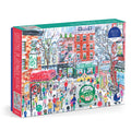 The Michael Storrings Christmas in Greenwich Village 1000 Piece Puzzle by Michael Storrings features a festive winter scene with people, decorated shops, a green car, and snow-covered streets for a joyful holiday atmosphere.