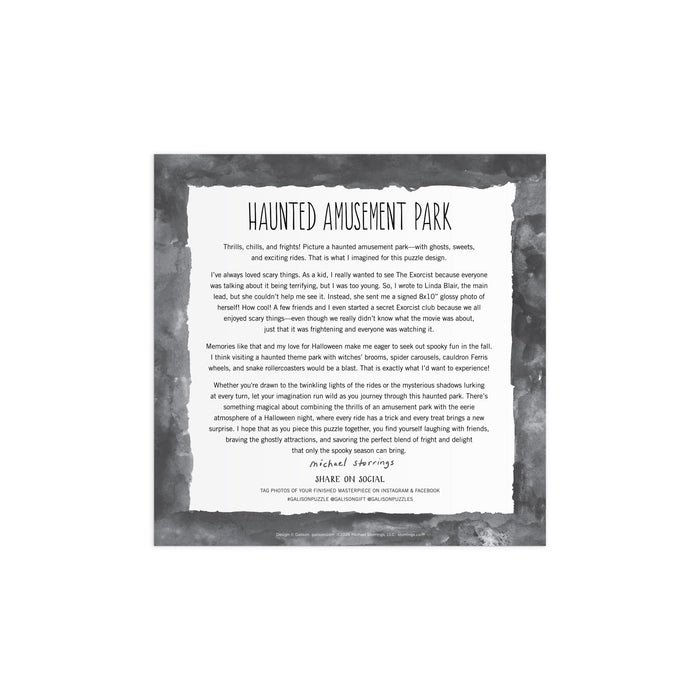 A square graphic with a gray, textured border features the Michael Storrings Haunted Amusement Park 500 Piece Puzzle by Michael Storrings, evoking memories of spooky rides, laughter, and thrilling adventures in a haunted amusement park.