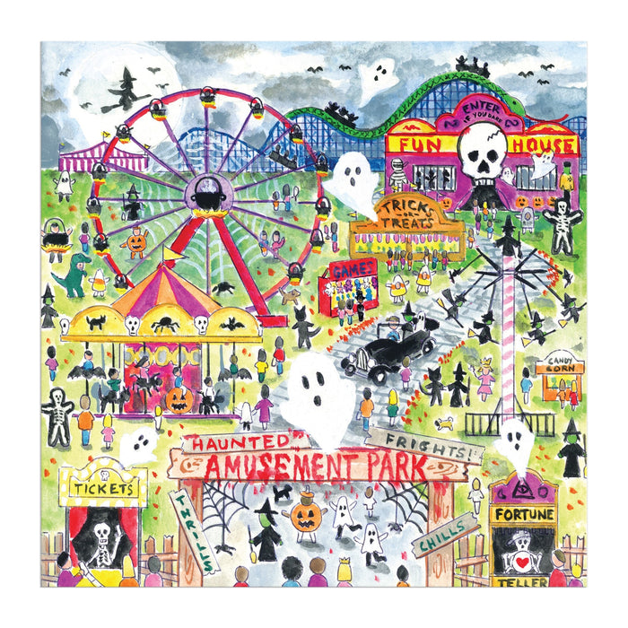 Colorful illustration on the Michael Storrings Haunted Amusement Park 500 Piece Puzzle features ghosts, jack-o’-lanterns, costumed visitors, a ticket booth, Ferris wheel, spooky rides, and themed signs.
