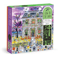 The Michael Storrings Haunted House 500 Piece Glow in the Dark Puzzle features ghosts, pumpkins, skeletons, and bats—perfect for intermediate puzzlers and branded by Michael Storrings.