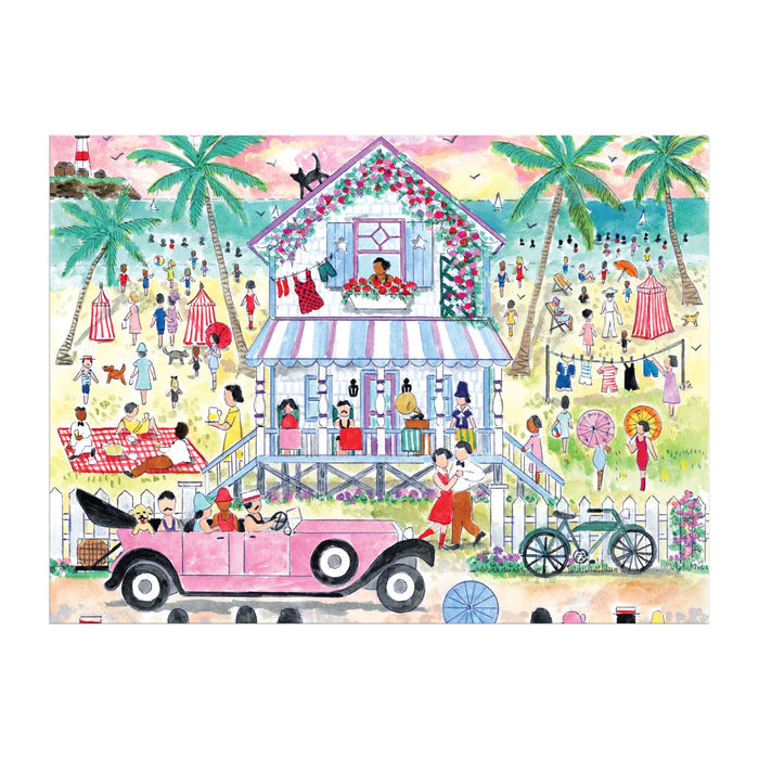 Enjoy assembling the Michael Storrings Roaring 20s Beach House 1000 Piece Puzzle, featuring a vintage car, people in retro attire, a flower-adorned two-story house, palm trees, and lively beachgoers.
