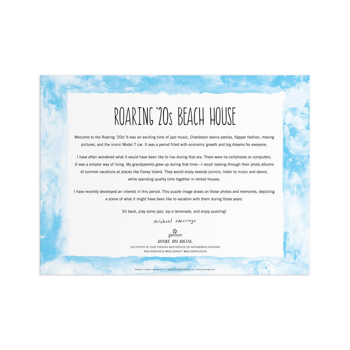 A white card with a blue watercolor border titled "Michael Storrings Roaring 20s Beach House 1000 Piece Puzzle" by Michael Storrings features a nostalgic story about beach visits, jazz, family memories, a signature, and a prompt to share on social media.