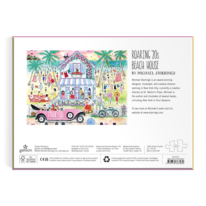 Back of the Michael Storrings Roaring 20s Beach House 1000 Piece Puzzle box shows a vibrant 1920s beach scene with people, palm trees, and a vintage car, plus puzzle title, artist bio, and product details.