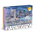Enjoy the Michael Storrings Snowfall Over New York City 1000 Piece Puzzle, featuring a snowy NYC with skaters and sledders in the park, a glowing skyline, and starry sky—an artistic addition to your collection from Michael Storrings.