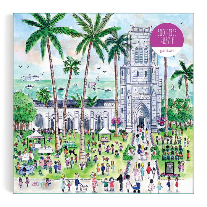 The Michael Storrings Sunday in Palm Beach 500 Piece Puzzle by Michael Storrings features a lively outdoor scene with crowds, a grand church, palm trees, tents, and green lawns on the box.