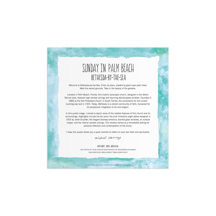 The Michael Storrings Sunday in Palm Beach 500 Piece Puzzle features a white square card with a teal watercolor border, info about Bethesda-By-The-Sea church’s history, and a puzzle inspired by its architecture, signed by Michael Storrings.