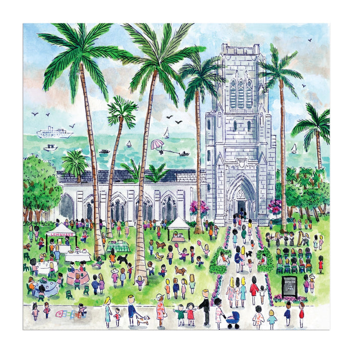 The Michael Storrings Sunday in Palm Beach 500 Piece Puzzle by Michael Storrings features a lively outdoor scene with people mingling, stalls, tables, palm trees, and a stone church by the water on a sunny day.