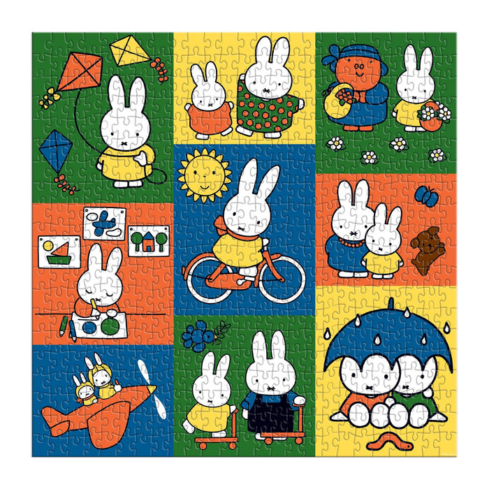The Miffy and Friends 500 Piece Puzzle by Miffy features cartoon bunnies enjoying outdoor activities like flying kites, biking, drawing, eating ice cream, sharing an umbrella, and riding in a plane across nine colorful scenes.