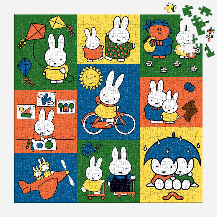 The Miffy and Friends 500 Piece Puzzle by Miffy features colorful cartoon rabbits in playful activities like biking, flying a kite, painting, and more. Some corner pieces are missing, adding an extra challenge to this charming puzzle.